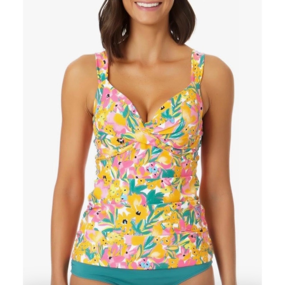 Anne Cole Floral Twist Front Tankini Top Yellow Pink 32C 34B Sweetheart Neckline